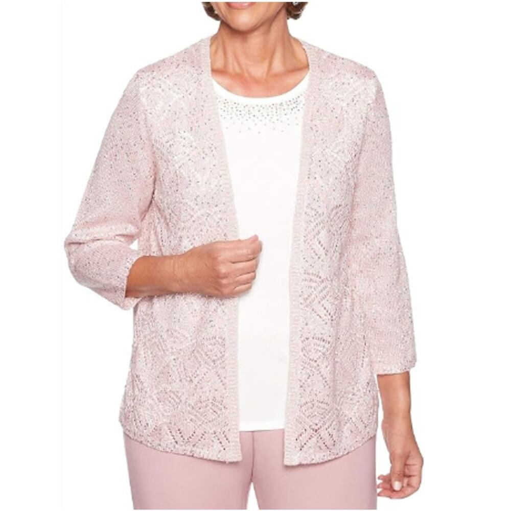 NEW ALFRED DUNNER Pointelle Spacedye Sweater With Studded Neckline Size PS